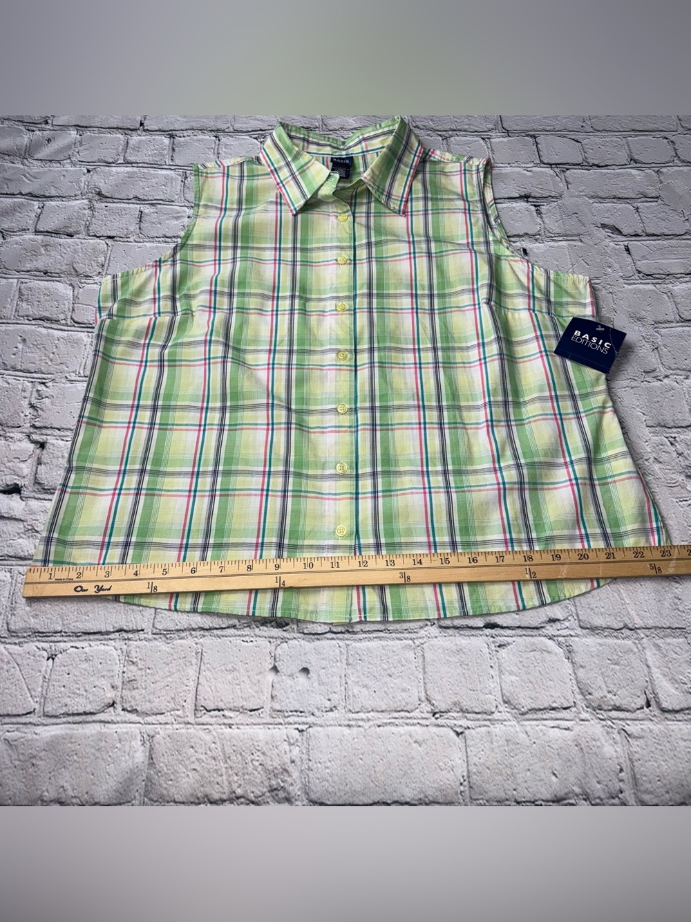 Basic Editions 00s Sleeveless Plaid Button-Front Top Light Green Plaid Size XL - Picture 8 of 9